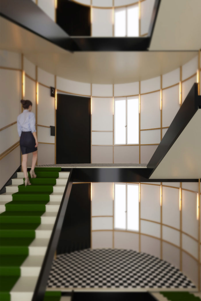 Palier immeuble de bureaux style bon marché avec carrelage damier, chemin d'escalier vert. Inspiré par Andrée Putman