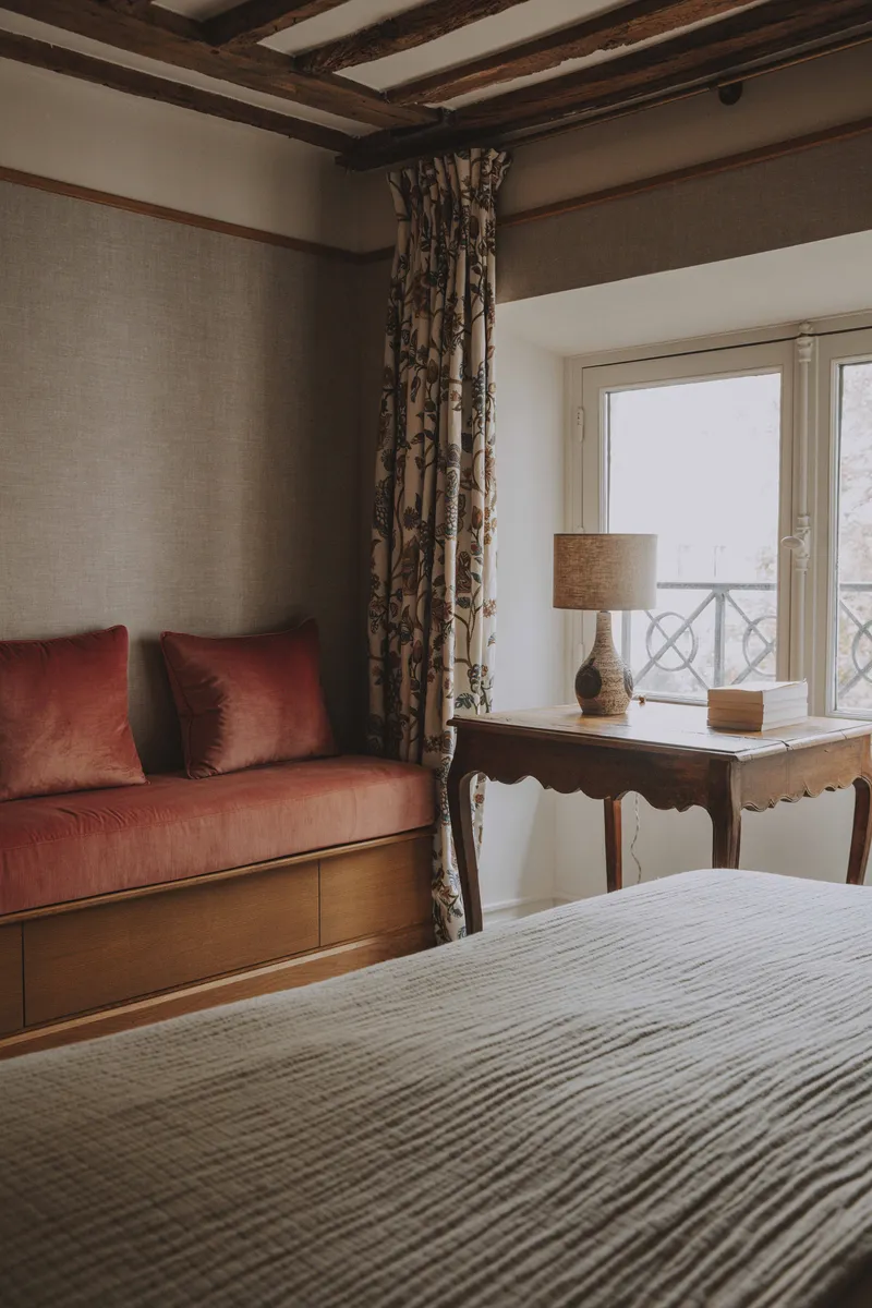 Banquette de chambre en velours rouille dans une ambiance chaleureuse et sereine.