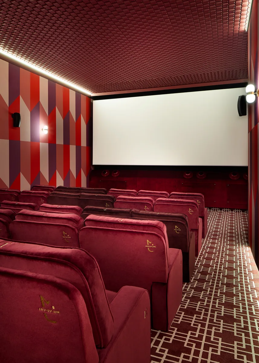 Le Studio auditorium, forty-two velvet seats, red and plum chevrons, original plaster ceiling.